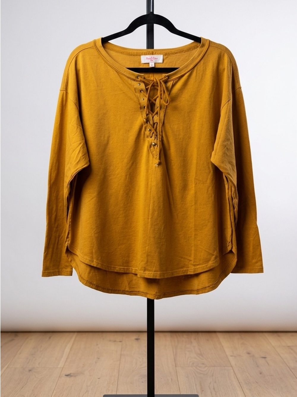 Peach Love California Mustard Lace-Up Long Sleeve Top